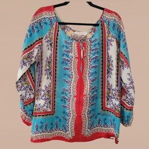 Johnny Was Womens XS - Small Silk Boho Peasant Red Blue Aztec Top Relax Fit 22”